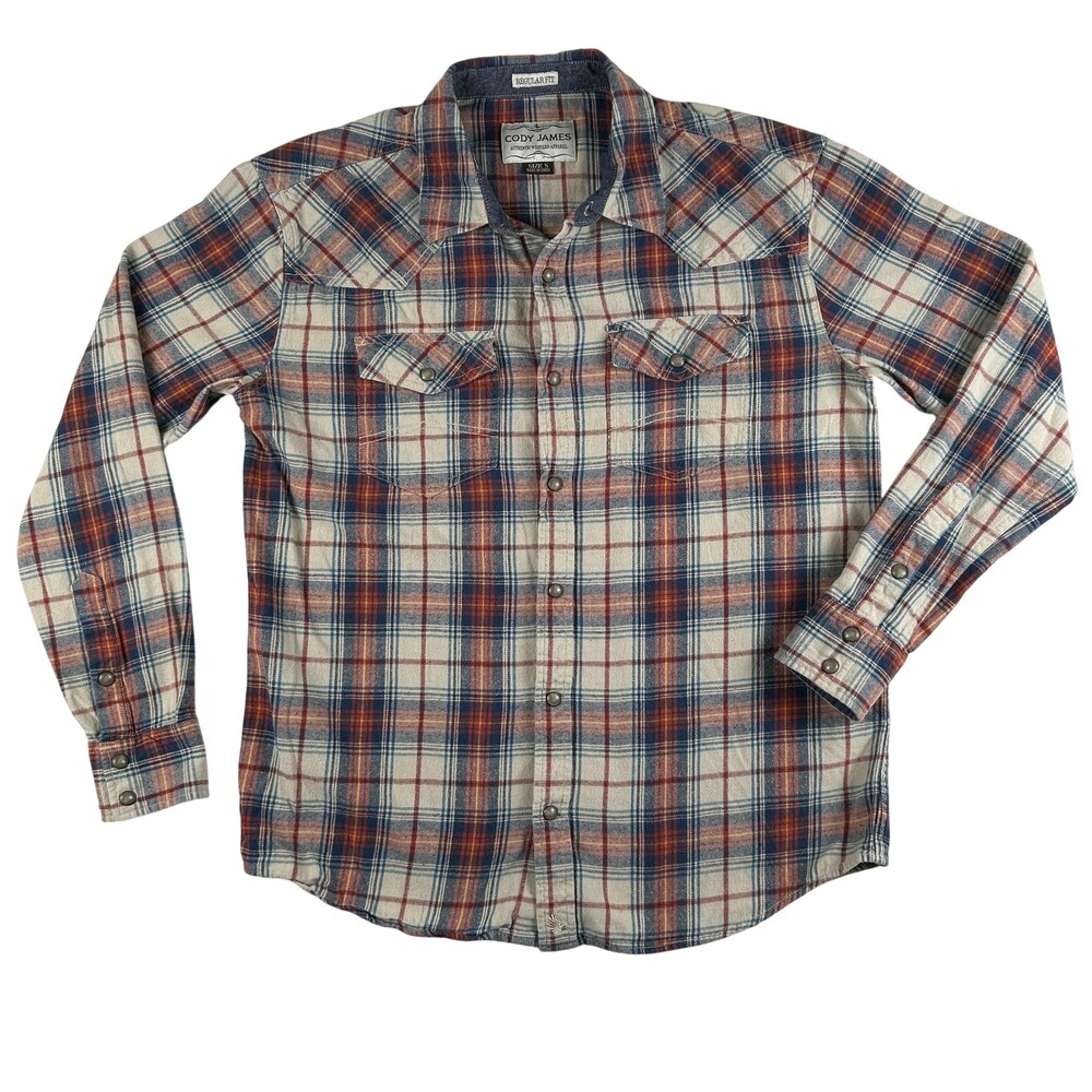 Cody James Shirt Mens Small Beige Plaid Flannel Western Pearl Snap Long Sleeve
